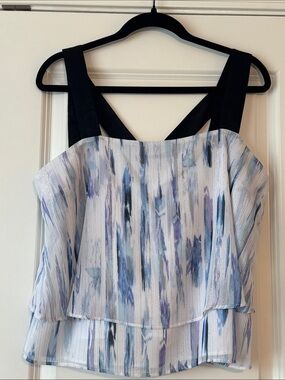 Dkny White and Blue Abstract Layered Camisole with Black Straps